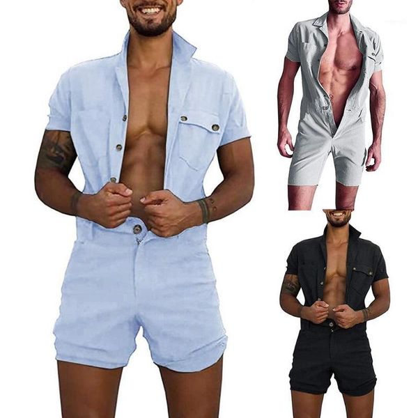 men solid color short sleeve pockets button jumpsuit romper overall work clothes with button one-piece design1, Blue
men solid color short sleeve pockets button jumpsuit romper overall work clothes with button one-piece design1, Blue