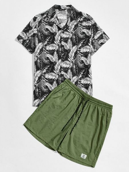 men notch collar tropical print shirt & drawstring waist patched detail shorts set l87c#, Gray
men notch collar tropical print shirt & drawstring waist patched detail shorts set l87c#, Gray
