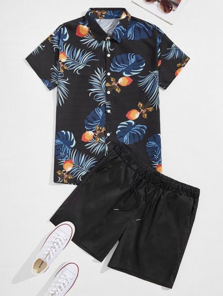 men tropical print shirt with shorts p2bw#, Gray