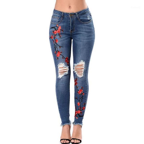 embroidered jeans women fall 2020 plum blossom embroidery broken hole stretch push up skinny pencil jeans pantalones rotos mujer1, Blue 
embroidered jeans women fall 2020 plum blossom embroidery broken hole stretch push up skinny pencil jeans pantalones rotos mujer1, Blue