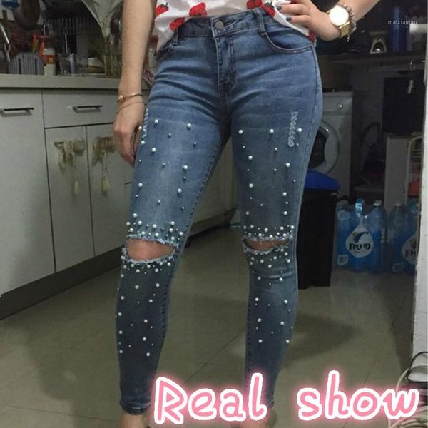 women fashion ripped pearled slim denim pants jeans trousers ladies womens daily casual pant clothing1, Blue 
women fashion ripped pearled slim denim pants jeans trousers ladies womens daily casual pant clothing1, Blue