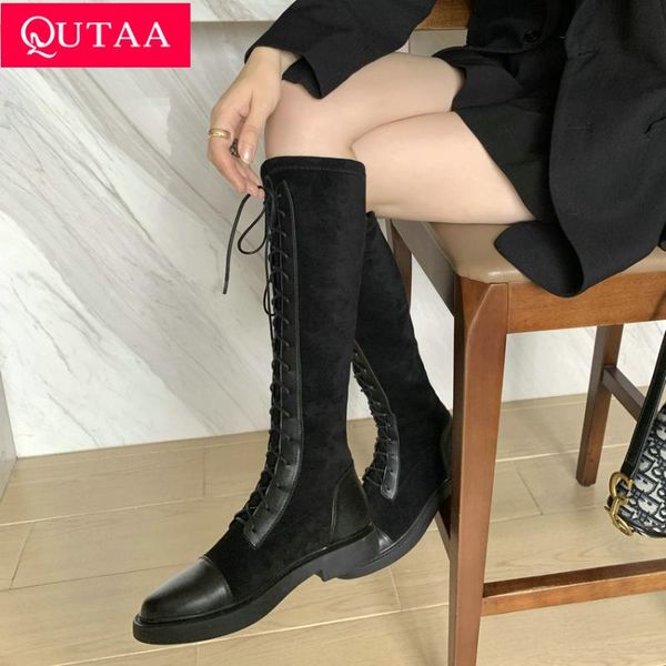 qutaa 2021 knee high boots women shoes cow leather+pu square low heel lace up fashion winter ladies long boots size 34-39, Black
qutaa 2021 knee high boots women shoes cow leather+pu square low heel lace up fashion winter ladies long boots size 34-39, Black