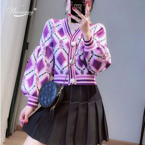 fashion fall winter knit cropped cardigan lantern sleeve casual v-neck loose purple argyle warm women sweater outwear c-275, White
fashion fall winter knit cropped cardigan lantern sleeve casual v-neck loose purple argyle warm women sweater outwear c-275, White
