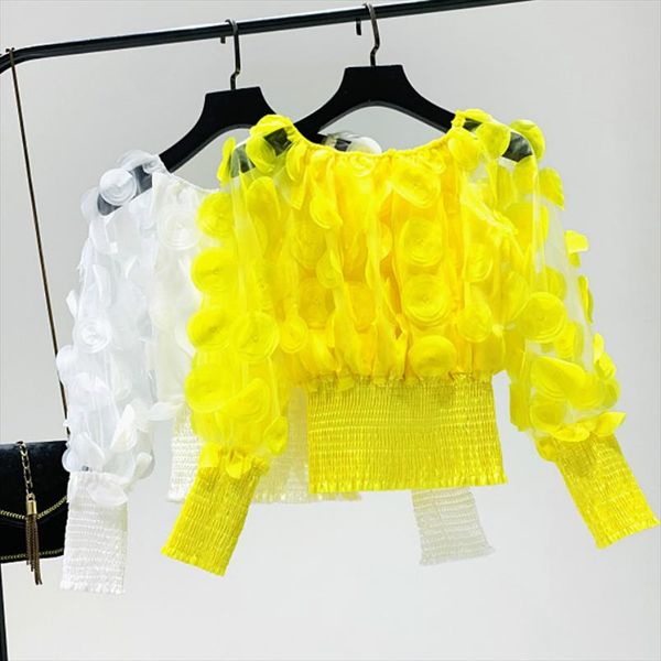 women perspective mesh spliced chiffon shirts slash neck gauze blouses 3d flowers crop slim lantern sleeve blusas mujer, White
women perspective mesh spliced chiffon shirts slash neck gauze blouses 3d flowers crop slim lantern sleeve blusas mujer, White