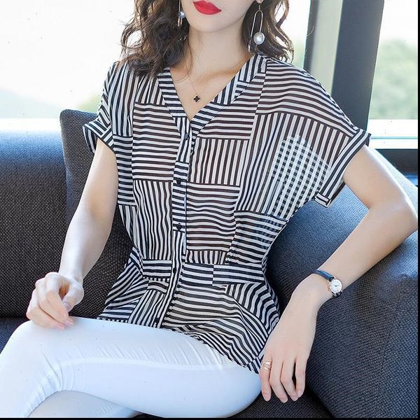 women spring summer style chiffon blouses shirt lady casual short sleeve v neck striped womens casual loose df3514, White
women spring summer style chiffon blouses shirt lady casual short sleeve v neck striped womens casual loose df3514, White