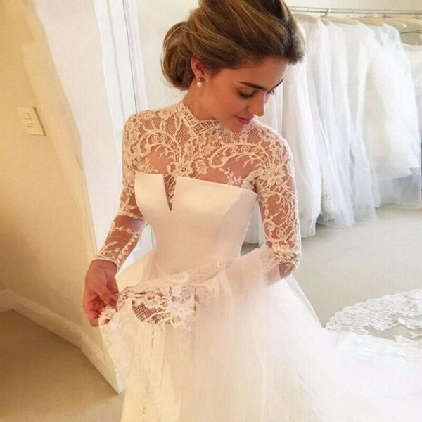 high neck long sleeves wedding dresses 2021 vintage lace satin open back bride dress with sweep train, White
high neck long sleeves wedding dresses 2021 vintage lace satin open back bride dress with sweep train, White