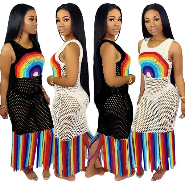 fashion mesh seethrough rainbow print outfit casual dress women summer clothes, White;black
fashion mesh seethrough rainbow print outfit casual dress women summer clothes, White;black