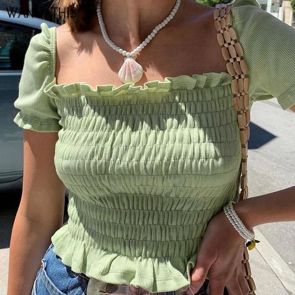 ruffle ruched square collar t-shirt stretchy slim ladies summer short sleeve casual elegant cropped tshirt women, White
ruffle ruched square collar t-shirt stretchy slim ladies summer short sleeve casual elegant cropped tshirt women, White