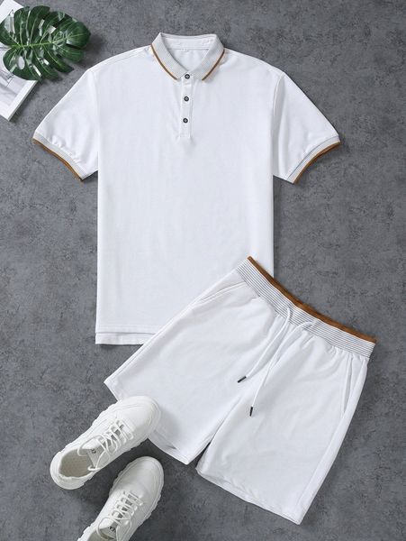 men striped contrast binding polo tee with shorts g684#, Gray
men striped contrast binding polo tee with shorts g684#, Gray
