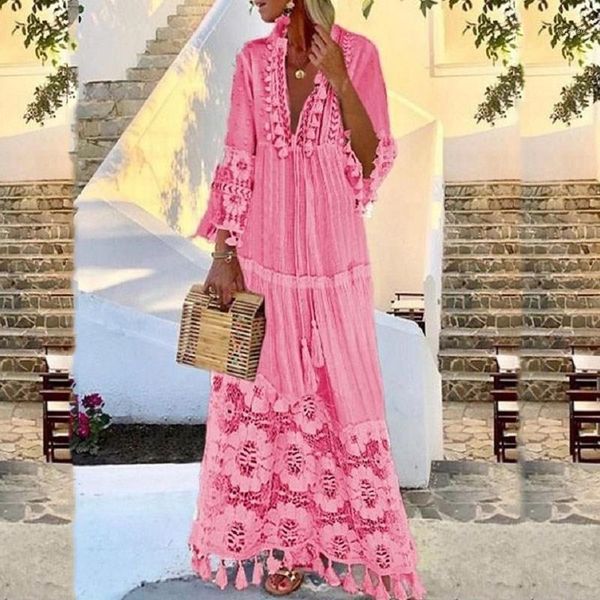 new beach loose transparent tassel long dress holiday deep v-neck hollow out dress flare sleeve lace plus size bohemian1, Black;gray 
new beach loose transparent tassel long dress holiday deep v-neck hollow out dress flare sleeve lace plus size bohemian1, Black;gray