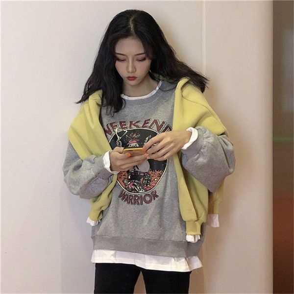 plus velvet sweatshirt women autumn winter new fake two-piece printing loose korean style jacket women hoodies 201203, Black
plus velvet sweatshirt women autumn winter new fake two-piece printing loose korean style jacket women hoodies 201203, Black