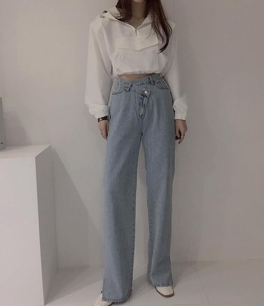 women's jeans korea autumn and winter style retro high-waist washed oblique two-button split wide leg denim trousers women, Blue
women's jeans korea autumn and winter style retro high-waist washed oblique two-button split wide leg denim trousers women, Blue
