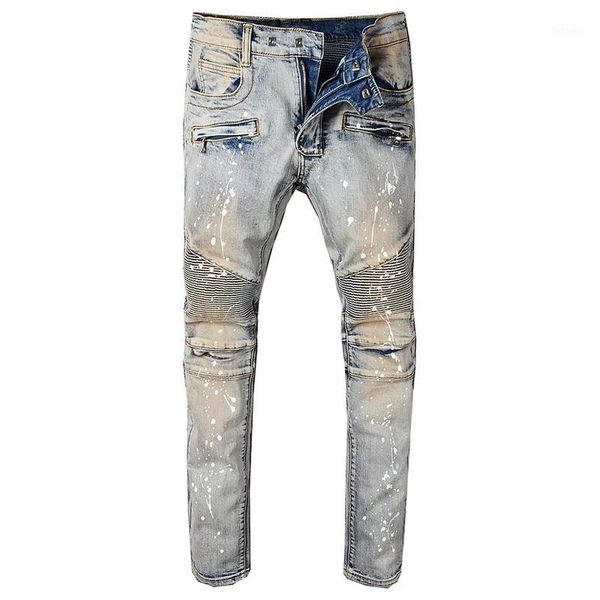 men's vintage painted stretch cotton denim biker jeans slim fit spliced paint jeans men biker homme1, Blue
men's vintage painted stretch cotton denim biker jeans slim fit spliced paint jeans men biker homme1, Blue