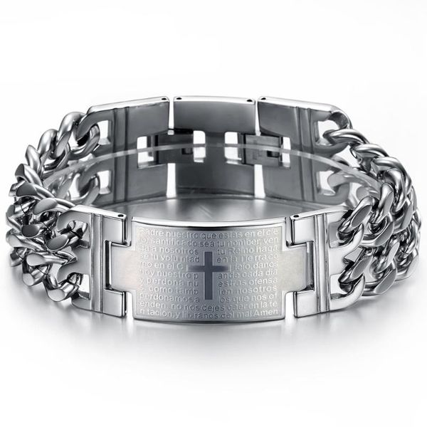 fate love fashion mens jewelry silver stainless steel two row chain spanish bible id bracelet, Black
fate love fashion mens jewelry silver stainless steel two row chain spanish bible id bracelet, Black