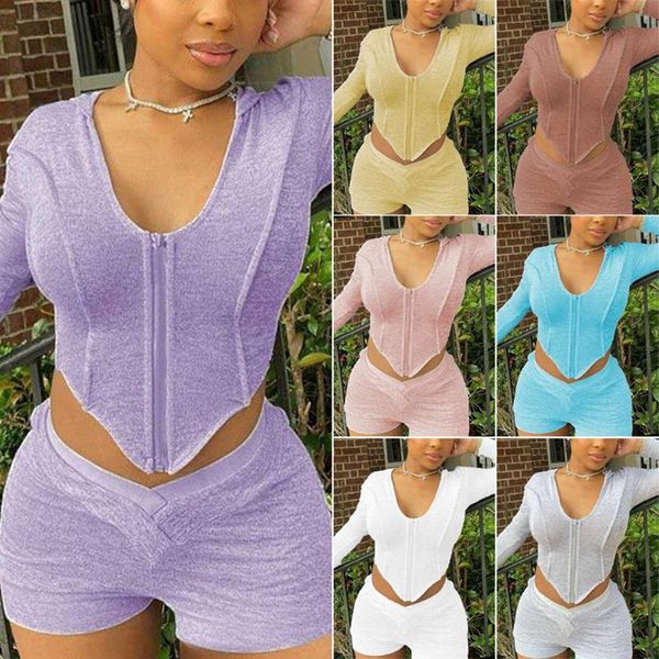 autumn women's irregular long-sleeve cardigan hooded casual shorts suit, Gray