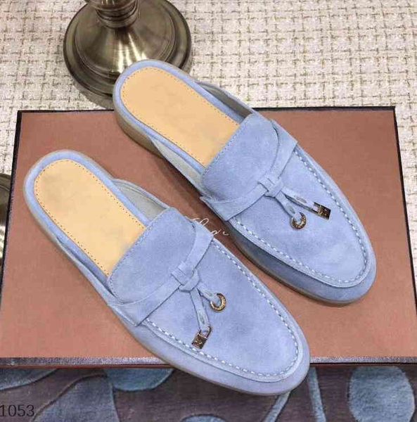 designer loro lovers men slipper shoes suede leather metal buckles summer walk slip-on half slippers lazy moccasin 34-46, Black
