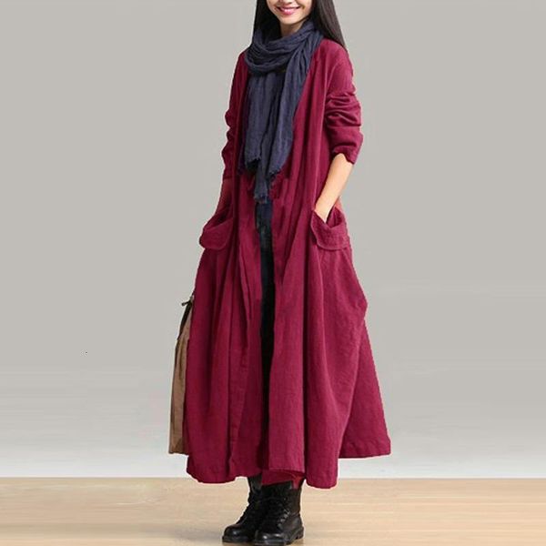 women autumn solid long sleeve open front pockets cotton linen elegant long coat loose lace up cardigan jacket outwear plus size, Black;brown 
women autumn solid long sleeve open front pockets cotton linen elegant long coat loose lace up cardigan jacket outwear plus size, Black;brown