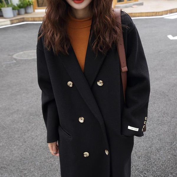 women's wool & blends double sided cashmere coat breasted solid color mid long over knee woolen in autumn / winter 2021, Black
women's wool & blends double sided cashmere coat breasted solid color mid long over knee woolen in autumn / winter 2021, Black
