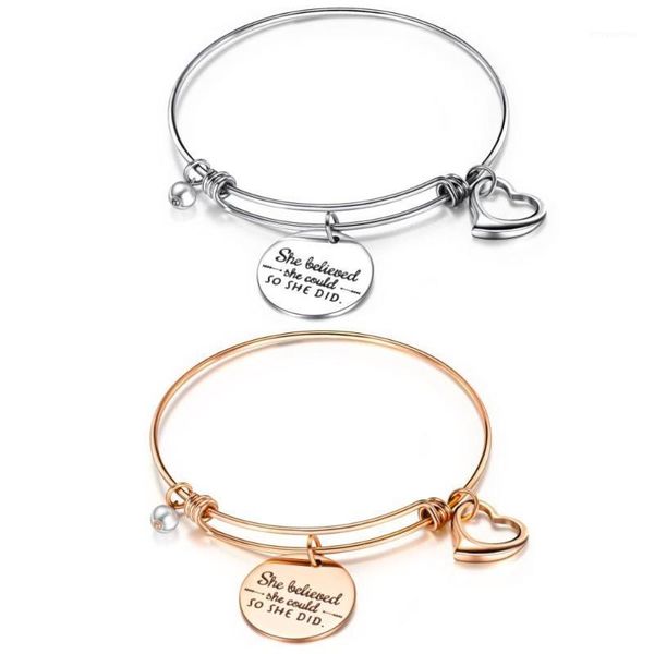 stainless steel women girls bangle round heart charm bracelet adjustable jewelry she believed she could so did1, Black 
stainless steel women girls bangle round heart charm bracelet adjustable jewelry she believed she could so did1, Black