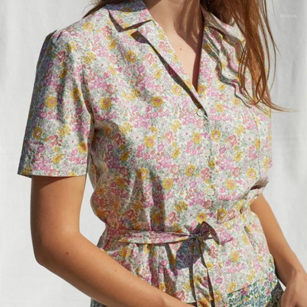 women's short blouse lace-up floral printing short sleeved notched prairire chic single breasted shirt1, White
women's short blouse lace-up floral printing short sleeved notched prairire chic single breasted shirt1, White