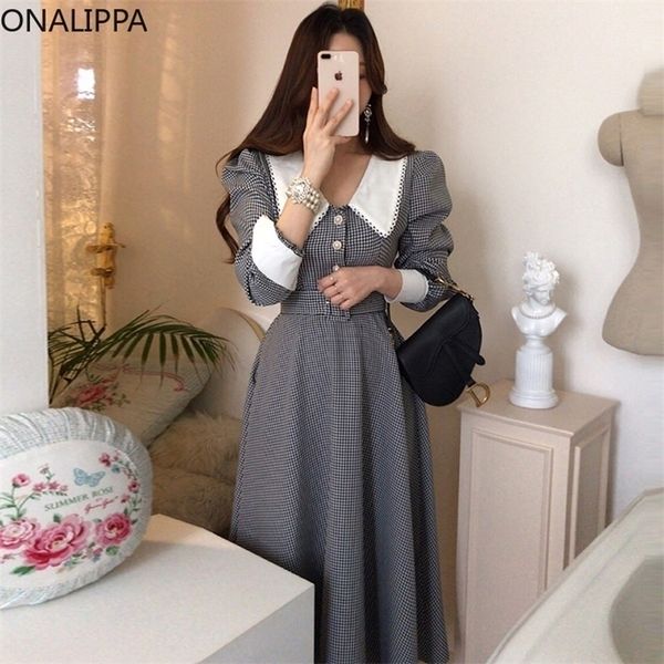 onalippa women dress autumn french elegant temperament lapel lace check chic single-breasted waist puff sleeve vestidos 220311, Black;gray
onalippa women dress autumn french elegant temperament lapel lace check chic single-breasted waist puff sleeve vestidos 220311, Black;gray