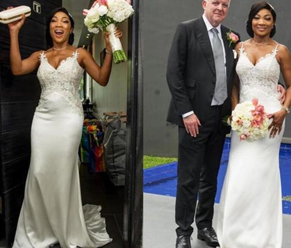 spaghetti straps wedding dresses mermaid appliqued lace satin 2021 fashion modern bridal gowns custom made plus size, White
spaghetti straps wedding dresses mermaid appliqued lace satin 2021 fashion modern bridal gowns custom made plus size, White