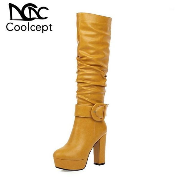 boots coolcept plus size 32-46 women knee high fashion platform buckle shoes party solid thick heel botas mujer zapatos1, Black