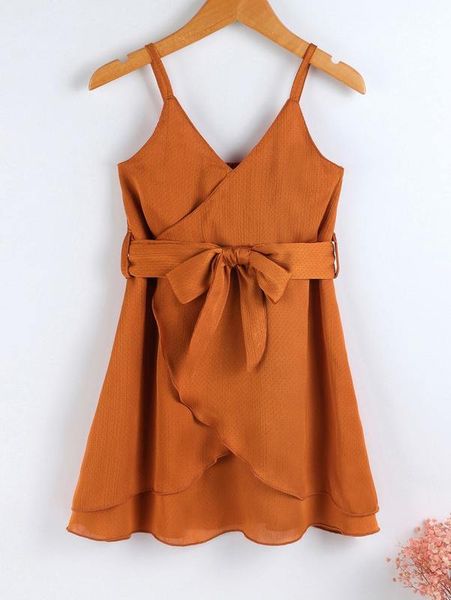 toddler girls overlap collar wrap hem belted cami dress she, Red;yellow 
toddler girls overlap collar wrap hem belted cami dress she, Red;yellow