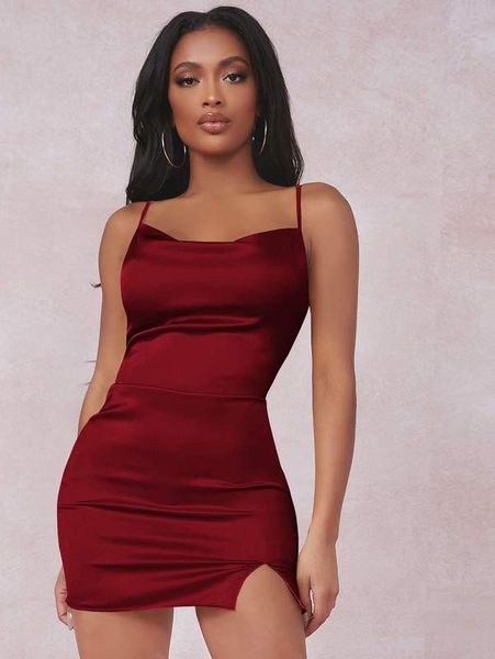 sxy split detail satin cami bodycon dress she, Black;gray