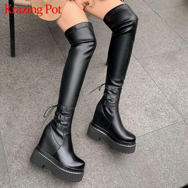 krazing pot stretch boots natural leather cross-tied increasing platform round toe slip on daily wear over-the-knee boots l16, Black
krazing pot stretch boots natural leather cross-tied increasing platform round toe slip on daily wear over-the-knee boots l16, Black