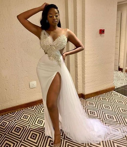 high side split long prom dresses with applique tulle train one shoulder evening gowns cutaway sides, White;black
high side split long prom dresses with applique tulle train one shoulder evening gowns cutaway sides, White;black