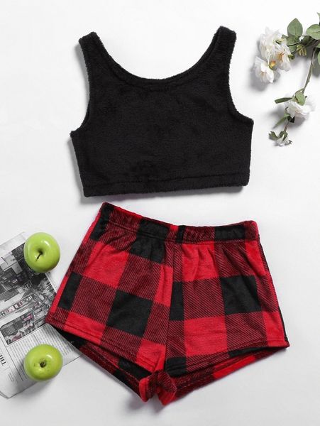 plus flannel tank & buffalo plaid pattern shorts pj set c6bd#, Black;white 
plus flannel tank & buffalo plaid pattern shorts pj set c6bd#, Black;white