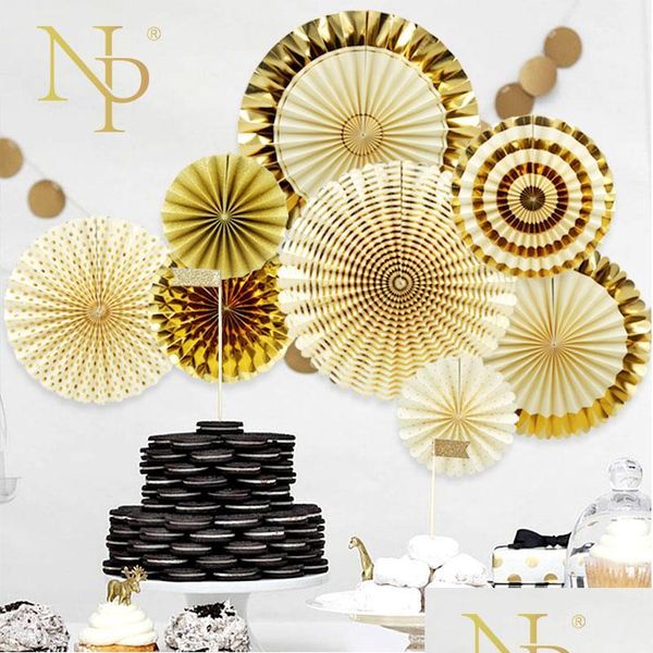 nicro 8pcs /set gold party decorative creative paper flower fan handmade striped folding fan part jllxrw lajiaoyard