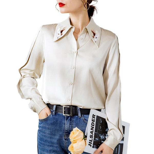 100% silk women's shirt turn down collar embroidery long sleeves elegant fashion blouse camisa, White
100% silk women's shirt turn down collar embroidery long sleeves elegant fashion blouse camisa, White