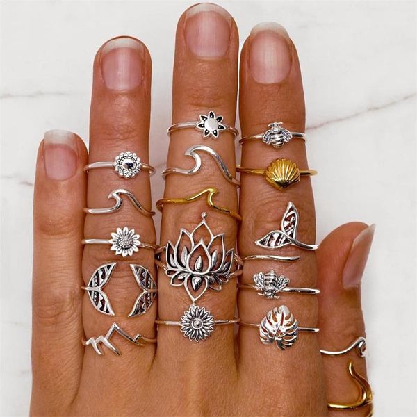 cluster rings 15 pcs/set women classic lotus fishtail leaf sun wave bee shell finger ring set party charm jewelry gift accessories, Golden;silver
cluster rings 15 pcs/set women classic lotus fishtail leaf sun wave bee shell finger ring set party charm jewelry gift accessories, Golden;silver