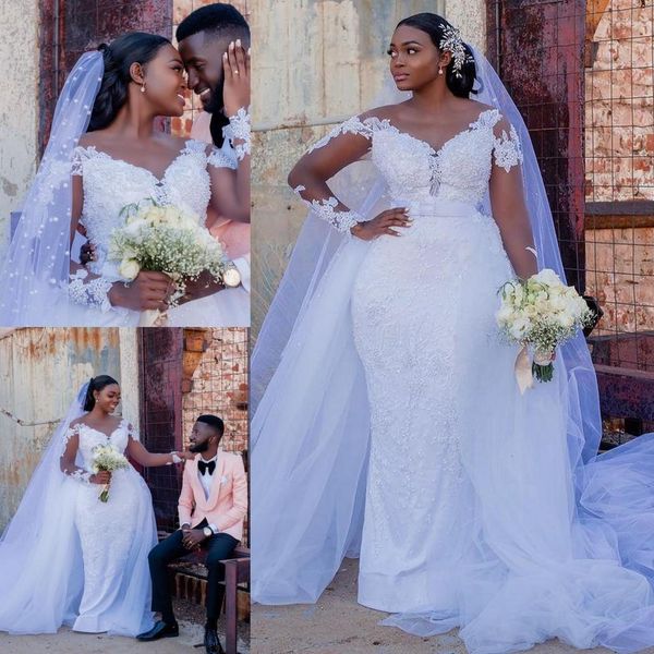 2021 gorgeous pure white lace wedding dresses mermaid pearls beading overskirt detachable bridal gowns with long sleeves plus size vestido
2021 gorgeous pure white lace wedding dresses mermaid pearls beading overskirt detachable bridal gowns with long sleeves plus size vestido