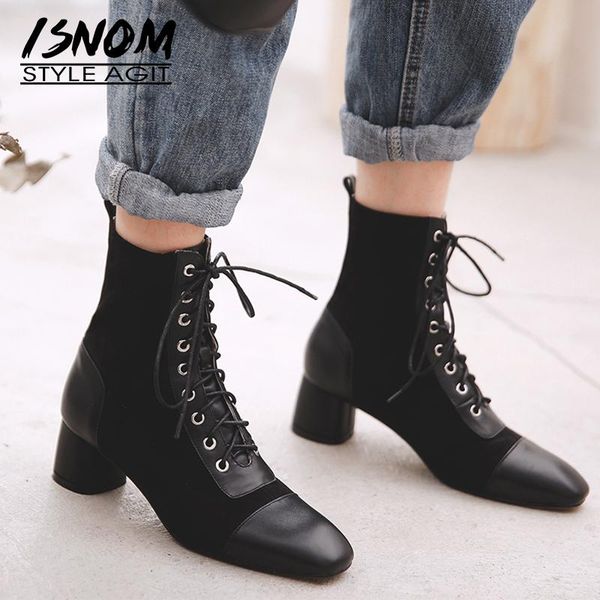 isnom genuine leather ankle boots women high heels boot square toe shoes female fashion shoes ladies cross tied winter, Black
isnom genuine leather ankle boots women high heels boot square toe shoes female fashion shoes ladies cross tied winter, Black