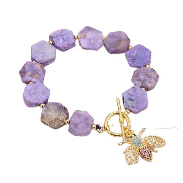 natural hexangular purple charoite bracelet cubic zirconia pave insect charm 8", Black
natural hexangular purple charoite bracelet cubic zirconia pave insect charm 8", Black