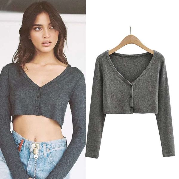 super short style v-neck long sleeve threaded cardigan for women to show thin and versatile high waist with navel exposed small t-shirt, Black;gray
super short style v-neck long sleeve threaded cardigan for women to show thin and versatile high waist with navel exposed small t-shirt, Black;gray