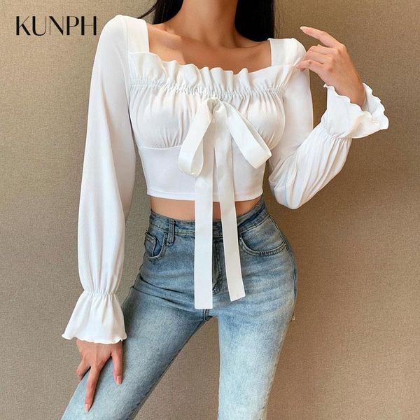 long sleeve blouse fashion square collar pleated crop bow bandage casual solid color puff sleeve short clothes, White
long sleeve blouse fashion square collar pleated crop bow bandage casual solid color puff sleeve short clothes, White