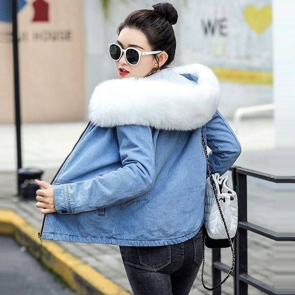 spring autumn winter hooded velvet denim jacket female big faux fur collar korea jeans coat female student short outwear 201017, Black;brown
spring autumn winter hooded velvet denim jacket female big faux fur collar korea jeans coat female student short outwear 201017, Black;brown