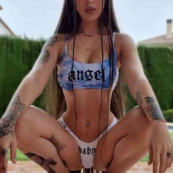 2 pieces swimwear sets women goth punk tie-dyed letter print u-neck short camisole bikini panties swimsuits for summer, Gray
2 pieces swimwear sets women goth punk tie-dyed letter print u-neck short camisole bikini panties swimsuits for summer, Gray
