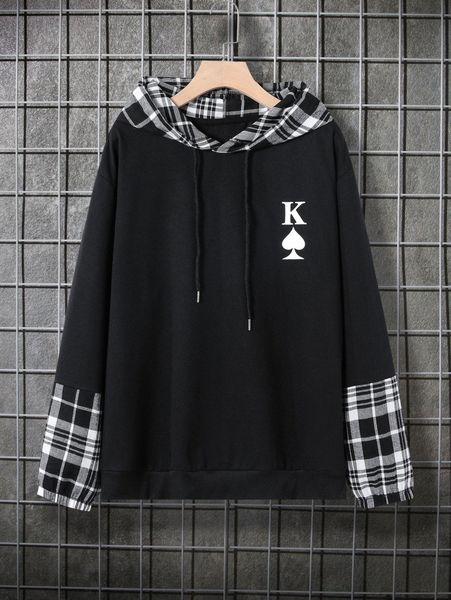 men plaid & playing card print drop shoulder drawstring hoodie x8wg#, Black