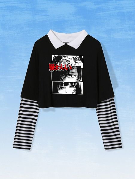 romwe x aak 2 in 1 striped sleeve figure graphic crop tee g4hq#, White
