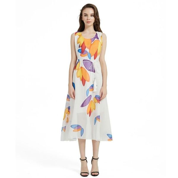 round neck sleeveless waist print chiffon dress, Black;white
round neck sleeveless waist print chiffon dress, Black;white