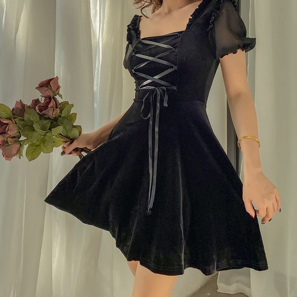 2021 new fine black velvet gothic style sleeves vintage vest waist mini dress elegant square turtleneck sqpr, Black;gray
2021 new fine black velvet gothic style sleeves vintage vest waist mini dress elegant square turtleneck sqpr, Black;gray
