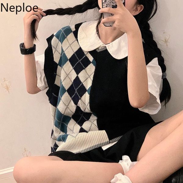 women's sweaters neploe spring japanese female knit plaid cute pullovers vest preppy style loose sleeveless waistcoat knitwear tank, White;black
women's sweaters neploe spring japanese female knit plaid cute pullovers vest preppy style loose sleeveless waistcoat knitwear tank, White;black