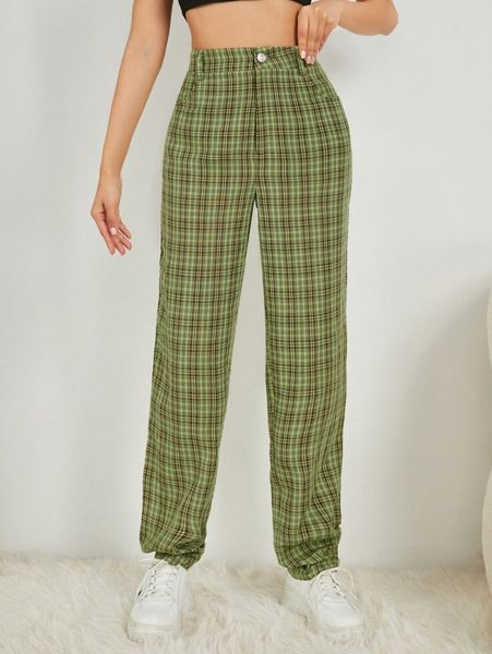 high waist tartan straight leg pants v8kq#, Black;white
high waist tartan straight leg pants v8kq#, Black;white