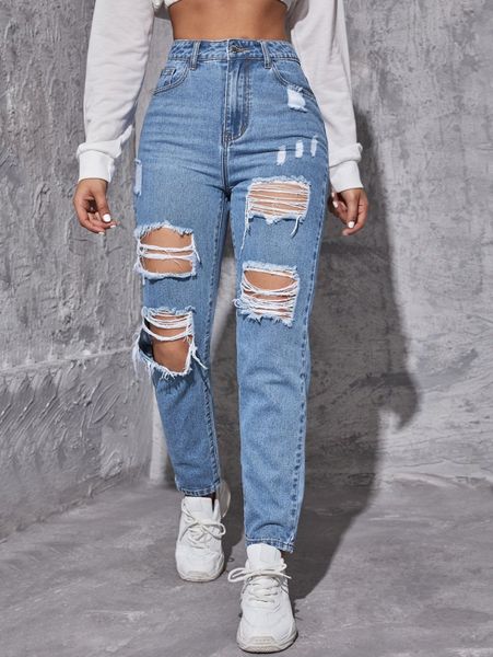 high waist ripped frayed tapered jeans s72l#, Blue