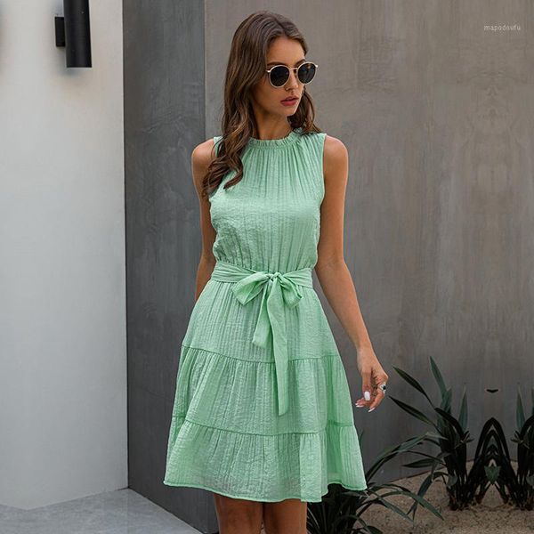 summer casual sleeveless dress women lace up sweet o-neck solid high waist short solid dress 2020 new1, Black;gray
summer casual sleeveless dress women lace up sweet o-neck solid high waist short solid dress 2020 new1, Black;gray